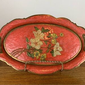 Solid Enamel Brass Decorative Tray Flowers Floral Red White Vintage India Handle